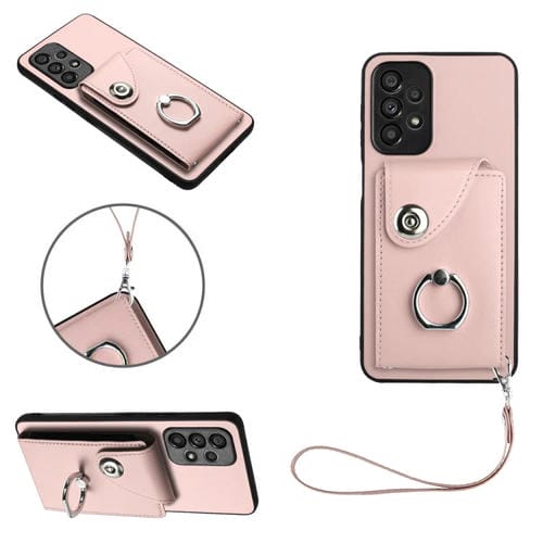Funda para Teléfono Samsung Galaxy A53 5G de PU con Soporte para Anillo y Bolsa para Tarjeta con Cordón (Rosa)