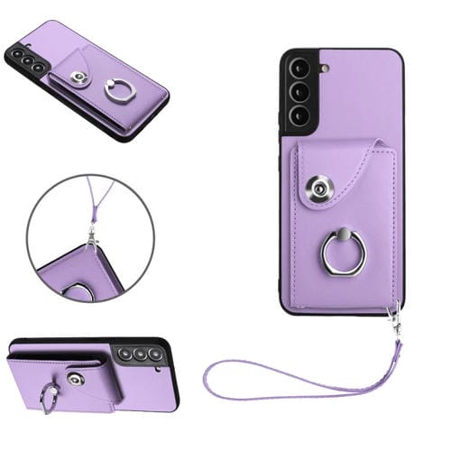 Funda para Teléfono Samsung Galaxy S22 + 5G Pu con Soporte para Anillo y Bolsa para Tarjeta con Cordón (Púrpura)