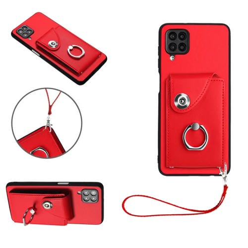 Funda para Teléfono Samsung Galaxy A12 de PU con Soporte para Anillo y Bolsa para Tarjeta con Cordón (Rojo)