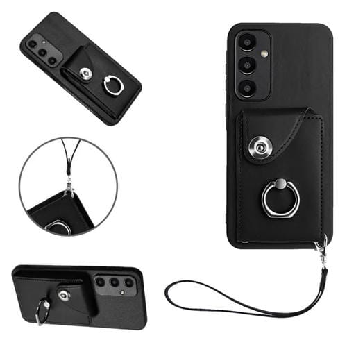 Funda para Teléfono Samsung Galaxy A35 de PU con Soporte para Anillo y Bolsa para Tarjeta con Cordón (Negro)