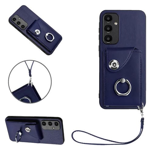 Funda para Teléfono Samsung Galaxy A55 PU con Soporte para Anillo y Bolsa para Tarjeta con Cordón (Azul)