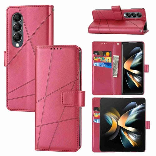 Funda para Teléfono Samsung Galaxy Z Fold3 Pu con Línea En Relieve Textura de Cuero Genuino (Rojo)