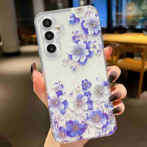 Estuche para Teléfono Samsung Galaxy A14 Symphony Galvanizado (Flor Azul Blanca)