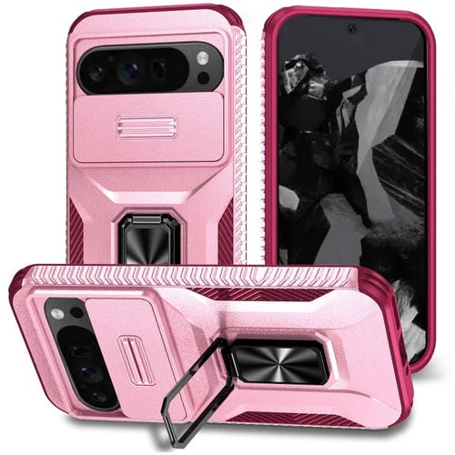 Funda para Google Pixel 9 Pro XL con Soporte Deslizante para Levas (Rosa + Rojo Rosa)