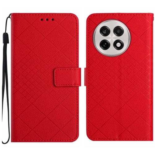 Funda de Cuero para OnePlus 13R con Textura de Cuadrícula Rómbica (Rojo)