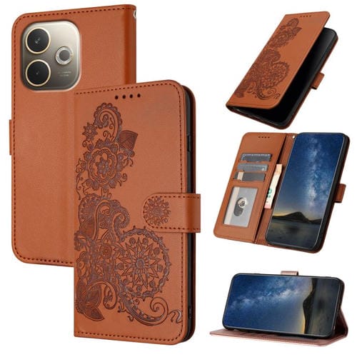 Funda de Cuero con Tapa y Relieve de Flor de Datura para Oppo A5 Pro 5G (Marrón)