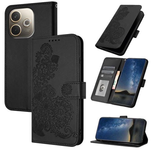 Funda de Cuero con Tapa y Relieve de Flor de Datura para Oppo A5 Pro 5G (Negra)