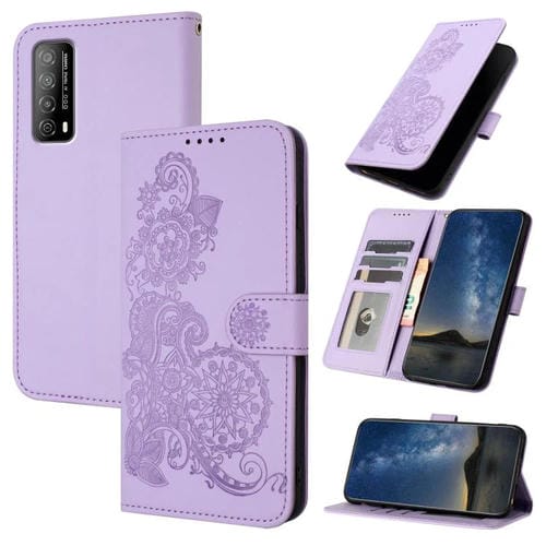 Funda de Cuero con Tapa y Relieve Flor de Datura para Huawei Enjoy 20 Se 4G (Morado)