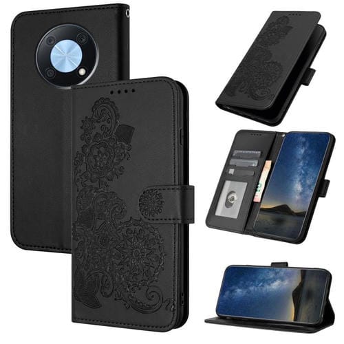 Funda de Cuero con Tapa con Relieve Flor de Datura para Huawei Enjoy 50 Pro/Nova Y90 (Negra)