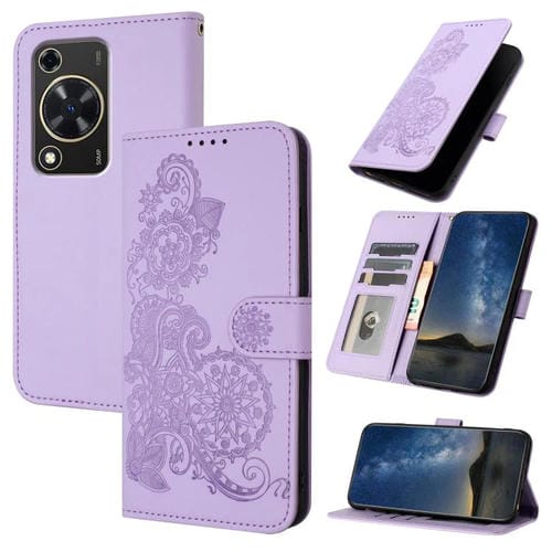 Funda de Cuero con Tapa y Relieve Flor de Datura para Huawei Nova Y72 (Morado)