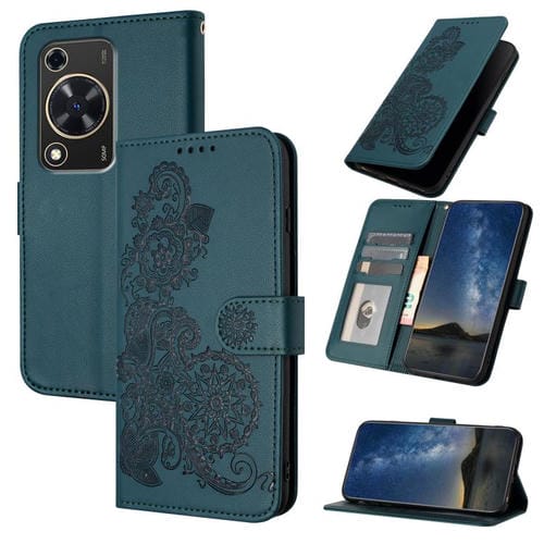 Funda de Cuero con Tapa con Relieve Flor de Datura para Huawei Nova Y72 (Verde Oscuro)