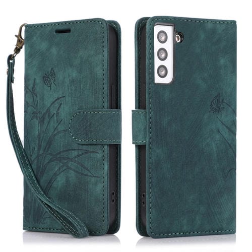 Funda para Teléfono Samsung Galaxy S21 5G Cuero con Relieve de Mariposa Orquídea (Verde)