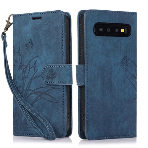 Funda para Samsung Galaxy S10 Cuero Relieve Mariposa Orquídea (Azul)