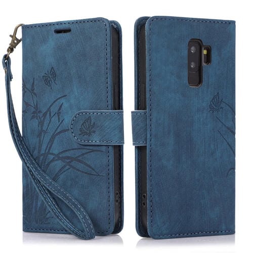 Funda de Cuero para Samsung Galaxy S9 con Relieve Mariposa Orquídea (Azul)
