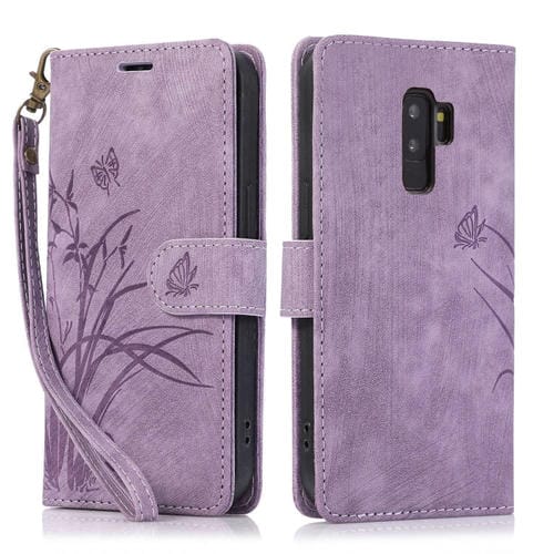Funda de Cuero Samsung Galaxy S9 con Relieve de Mariposa OrquĂdea (PĂșrpura)