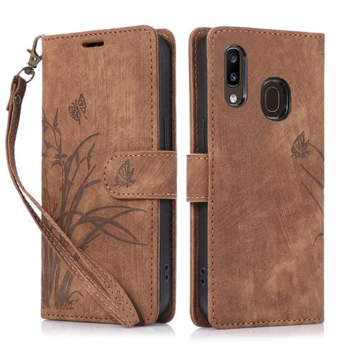 Funda para TelĂ©fono Samsung Galaxy A20E A10E Cuero Relieve Mariposa OrquĂdea (MarrĂłn)