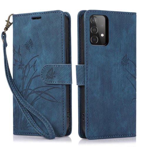 Funda para Teléfono Samsung Galaxy A52 4G 5G Cuero Relieve Mariposa Orquídea (Azul)