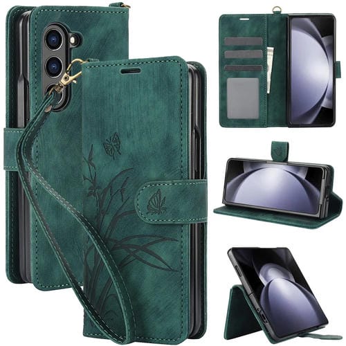 Funda para Teléfono Samsung Galaxy Z Fold5 Cuero con Relieve Mariposa Orquídea (Verde)