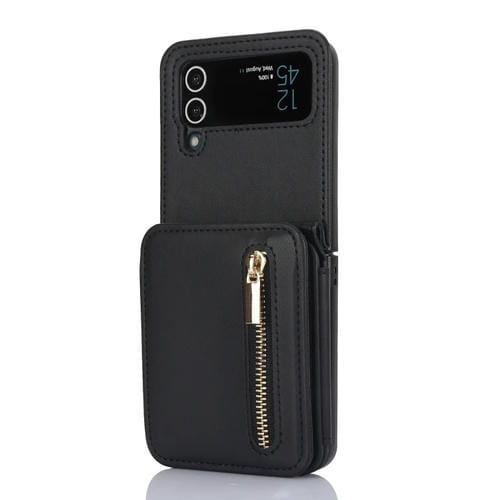 Estuche plegable para teléfono Samsung Galaxy Z Flip3 con ranuras para tarjetas y cremallera Rfid con cordón largo (Negro)