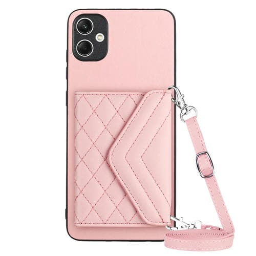 Funda para Teléfono Samsung Galaxy A04E 4G M04 4G Rfid con Bolsa Tarjetas Textura Rómbica Cordón Largo (Oro Rosa)