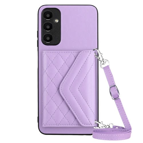 Funda para Teléfono Samsung Galaxy A14 5G Rfid con Bolsa para Tarjetas Textura Rómbica y Cordón Largo (Púrpura Claro)