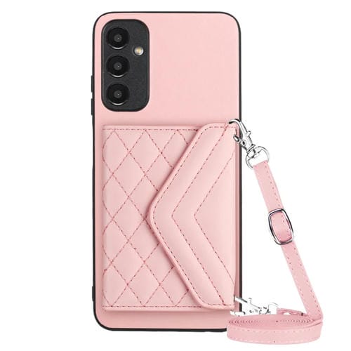 Estuche para Teléfono Samsung Galaxy A15 con Bolsa para Tarjetas Rfid Textura Rómbica y Cordón Largo (Oro Rosa)