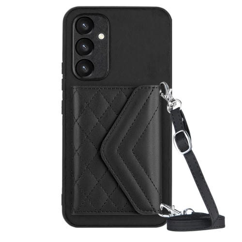 Funda para Teléfono Samsung Galaxy A34 5G Rfid con Bolsa para Tarjetas Textura Rómbica Cordón Largo (Negro)