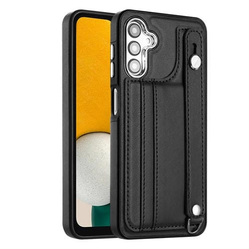 Funda para teléfono Samsung Galaxy A05S Cuero a prueba de golpes con correa para la muñeca (Negro)