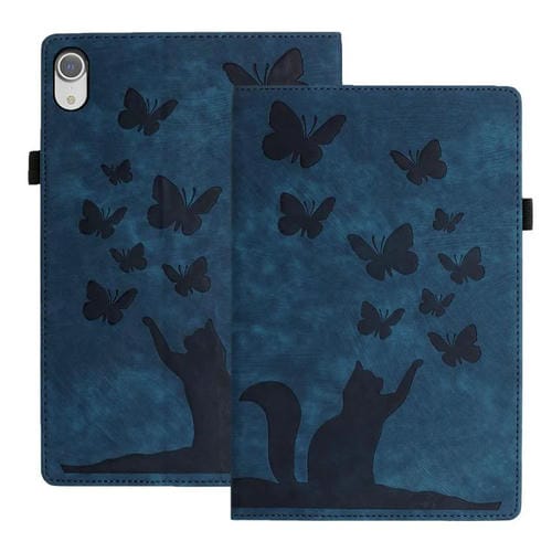 Funda de Cuero para iPad Mini 2024/2021 con Estampado de Mariposas y Gatos (Azul Oscuro)