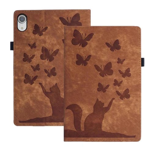 Funda para iPad Mini Cuero Estampado Mariposas y Gatos (Marrón)