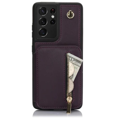 Estuche para teléfono Samsung Galaxy S21 Ultra 5G Ym006 con bolsa para tarjetas y cremallera con cordón doble (Púrpura Oscuro)