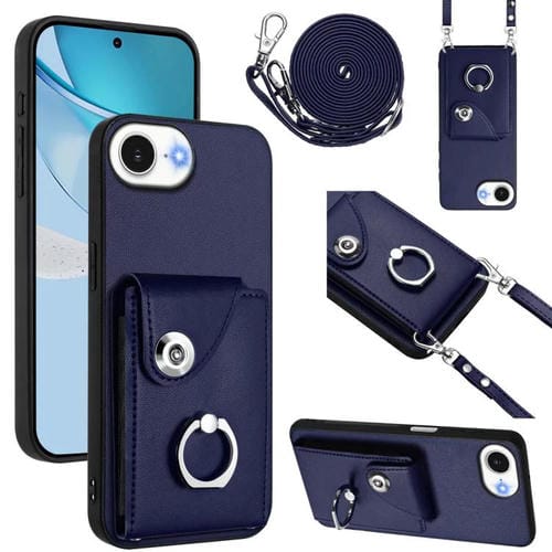 Funda para iPhone 16e con tarjetero, anillo y cordón largo (azul)