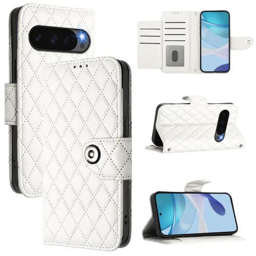 Funda de Cuero con Tapa y Textura Rómbica para Google Pixel 10 5G con Cordón (Blanco)