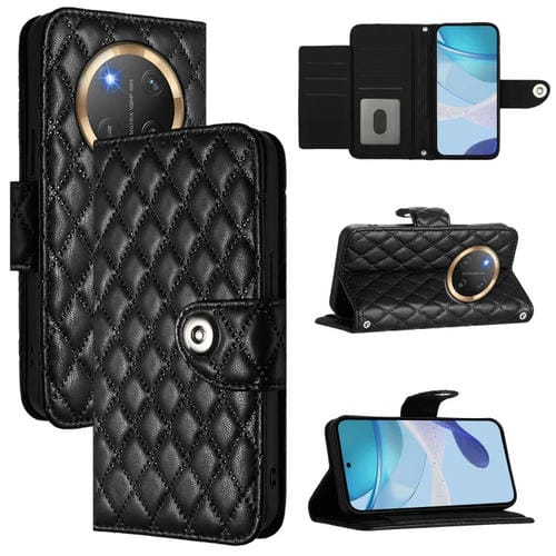 Funda de Cuero con Tapa y Cordón para Honor X9C 5G con Textura Rómbica (Negro)