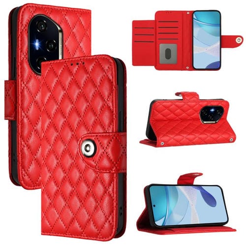 Funda de Cuero con Tapa y Cordón para Honor 300 Pro 5G y 300 Ultra con Textura Rómbica (Roja)