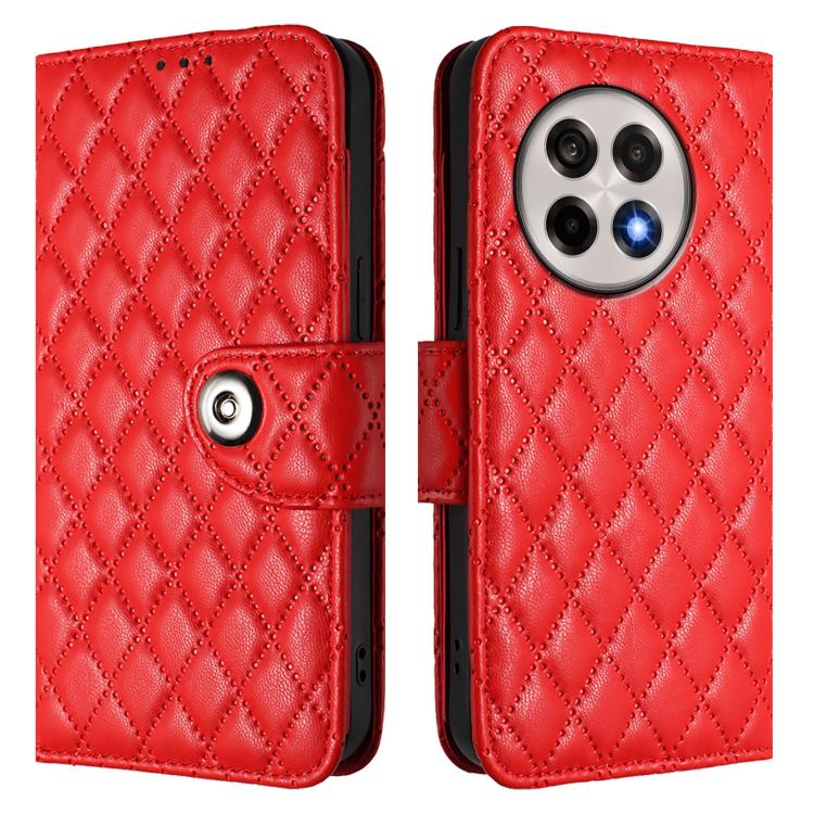 Funda de Cuero con Tapa y Textura Rómbica para OnePlus 13R Ace 5 Pro 5G con Cordón (Rojo)