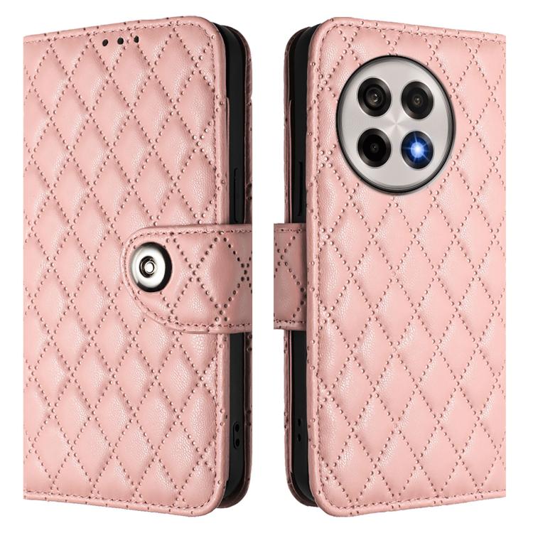 Funda de Cuero con Tapa y Textura Rómbica para OnePlus 13R/Ace 5 Pro 5G con Cordón (Rosa Coral)