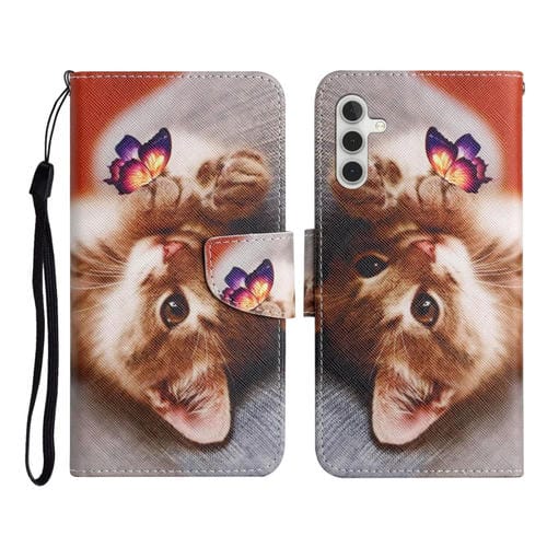 Funda de Cuero para Samsung Galaxy A55 con Tapa y Patrón de Dibujo de Colores (Gato Mariposa)