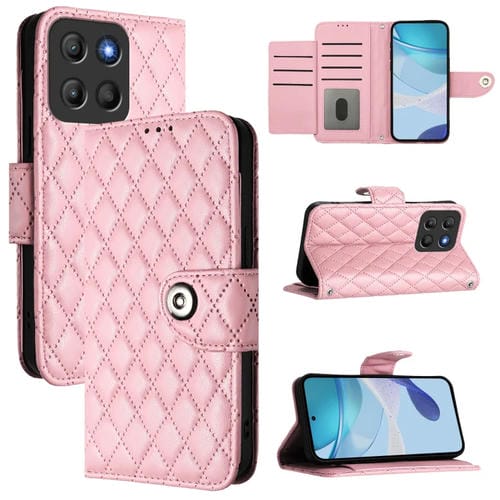 Funda de Cuero con Tapa y Textura Rombal para Motorola Moto G15 con Cordón (Rosa)