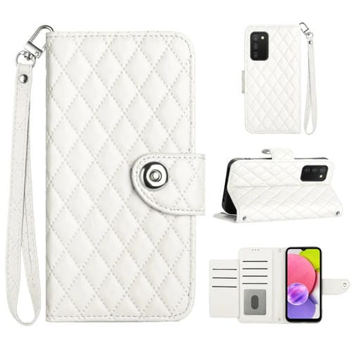 Funda de Cuero para Samsung Galaxy A03S Eu con Tapa Textura Rómbica y Cordón (Blanco)