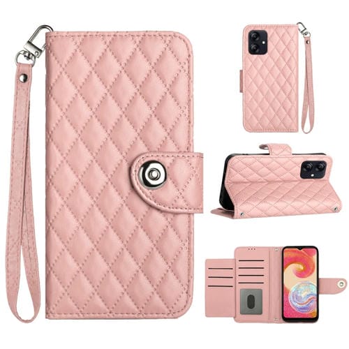 Funda para Teléfono Samsung Galaxy A05 con Tapa de Cuero Textura Rómbica y Cordón (Rosa Coral)