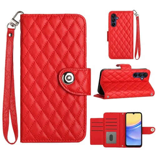Funda de Cuero para Samsung Galaxy A15 5G con Tapa Textura Romboidal y Cordón (Rojo)