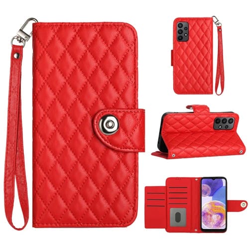 Funda para Teléfono Samsung Galaxy A53 5G con Tapa de Cuero Textura Romboidal y Cordón (Rojo)