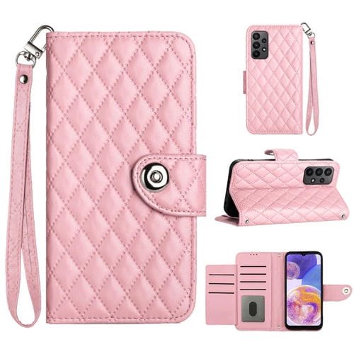 Funda de Cuero para Samsung Galaxy A53 5G con Tapa Textura Romboidal y Cordón (Rosa)