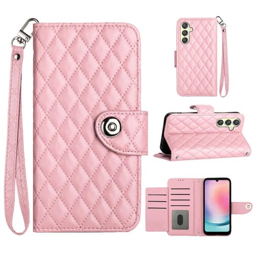 Funda de Cuero para Samsung Galaxy A54 con Tapa Textura Rómbica y Cordón (Rosa)