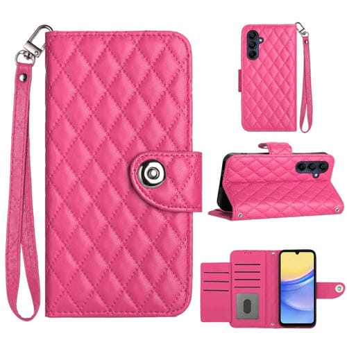 Funda de Cuero para Samsung Galaxy A55 con Tapa Textura Rómbica y Cordón (Rojo Rosa)