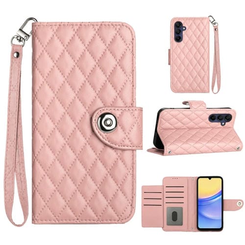 Funda para Teléfono Samsung Galaxy A55 con Tapa de Cuero Textura Rómbica y Cordón (Rosa Coral)