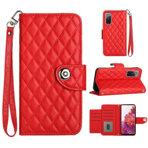 Funda para Teléfono Samsung Galaxy S20 FE Tapa de Cuero Textura Rómbica con Cordón (Rojo)