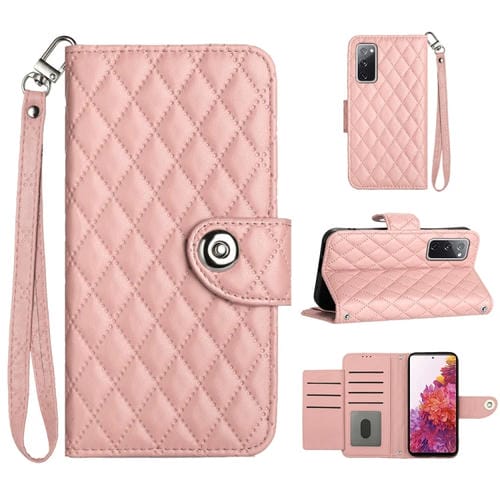 Estuche para Teléfono Samsung Galaxy S20 FE con Tapa de Cuero Textura Rómbica y Cordón (Rosa Coral)