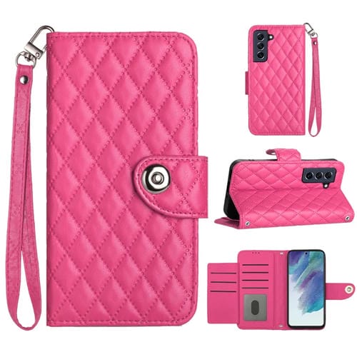 Funda para Teléfono Samsung Galaxy S21 FE 5G con Tapa de Cuero Textura Romboidal y Cordón (Rojo Rosa)